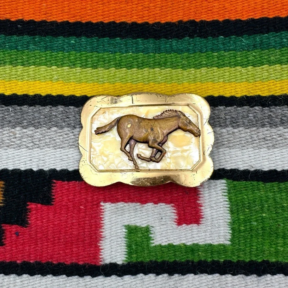 VTG 1940s Wild Horse Brass Belt Buckle Cowboy Pearloid Backing Western